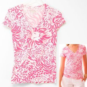 Lilly Pulitzer Michelle Tee V-neck Shirt Lion Spandex Cotton White Pink Size XXS